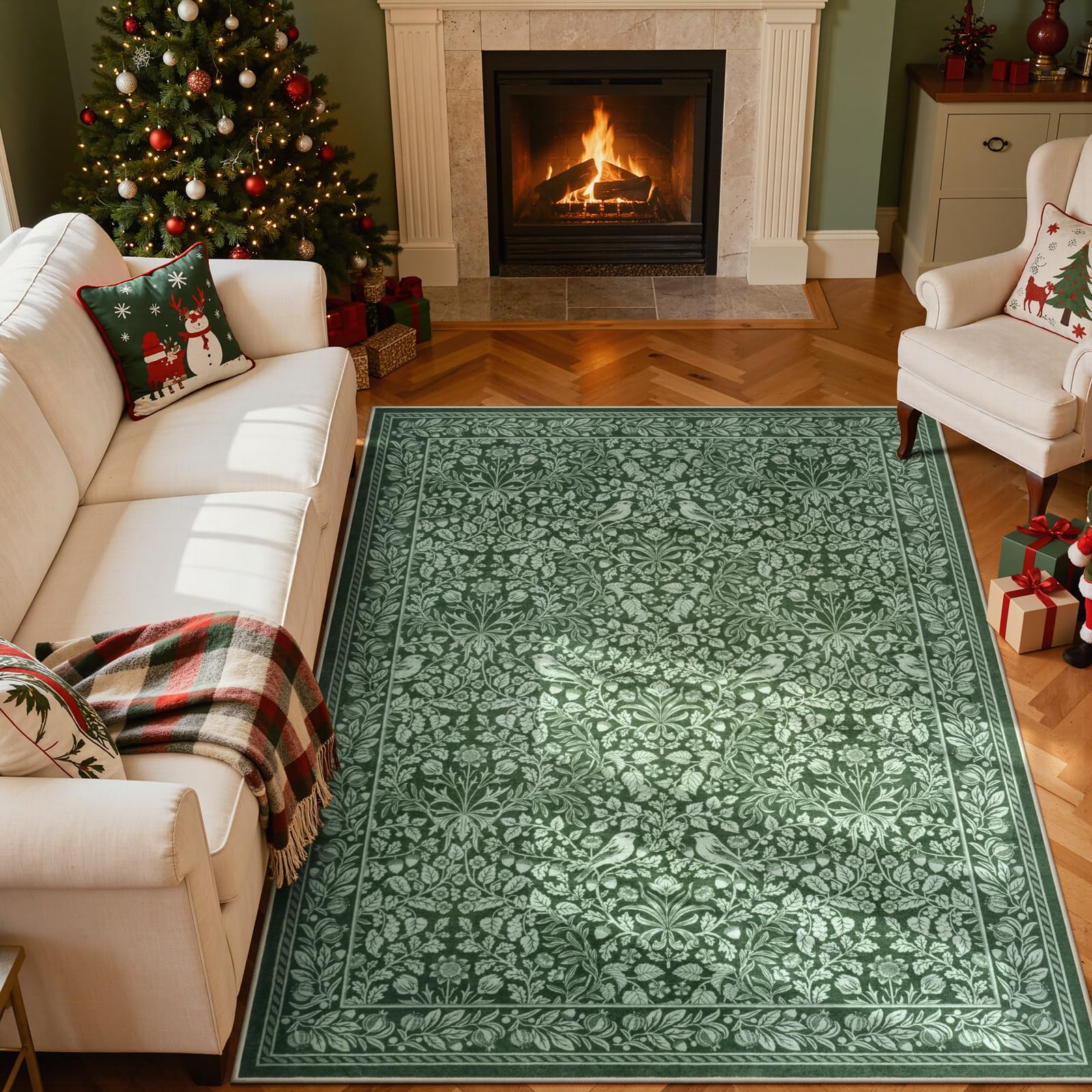 Photo 1 of (used)(see all images) LIVEBOX Christmas Green Washable 5x7 Area Rugs for Living Room Vintage Floral (Green,5'x7')