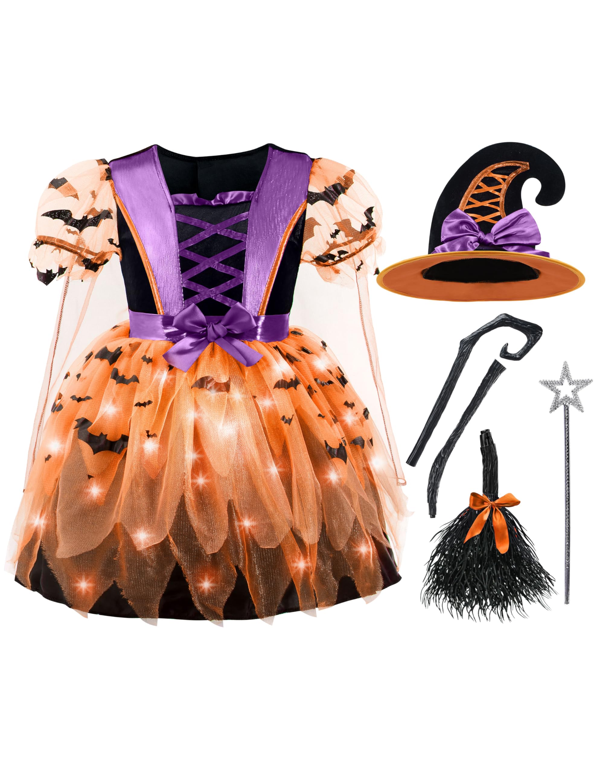 Photo 1 of (SEE NOTES) Spooktacular Creations Girls Light Up Witch Costume, Kids Witch Costume with Hat and Broom for Toddler Halloween Dress Up Parties, Orange (Toddler (3-4yr))