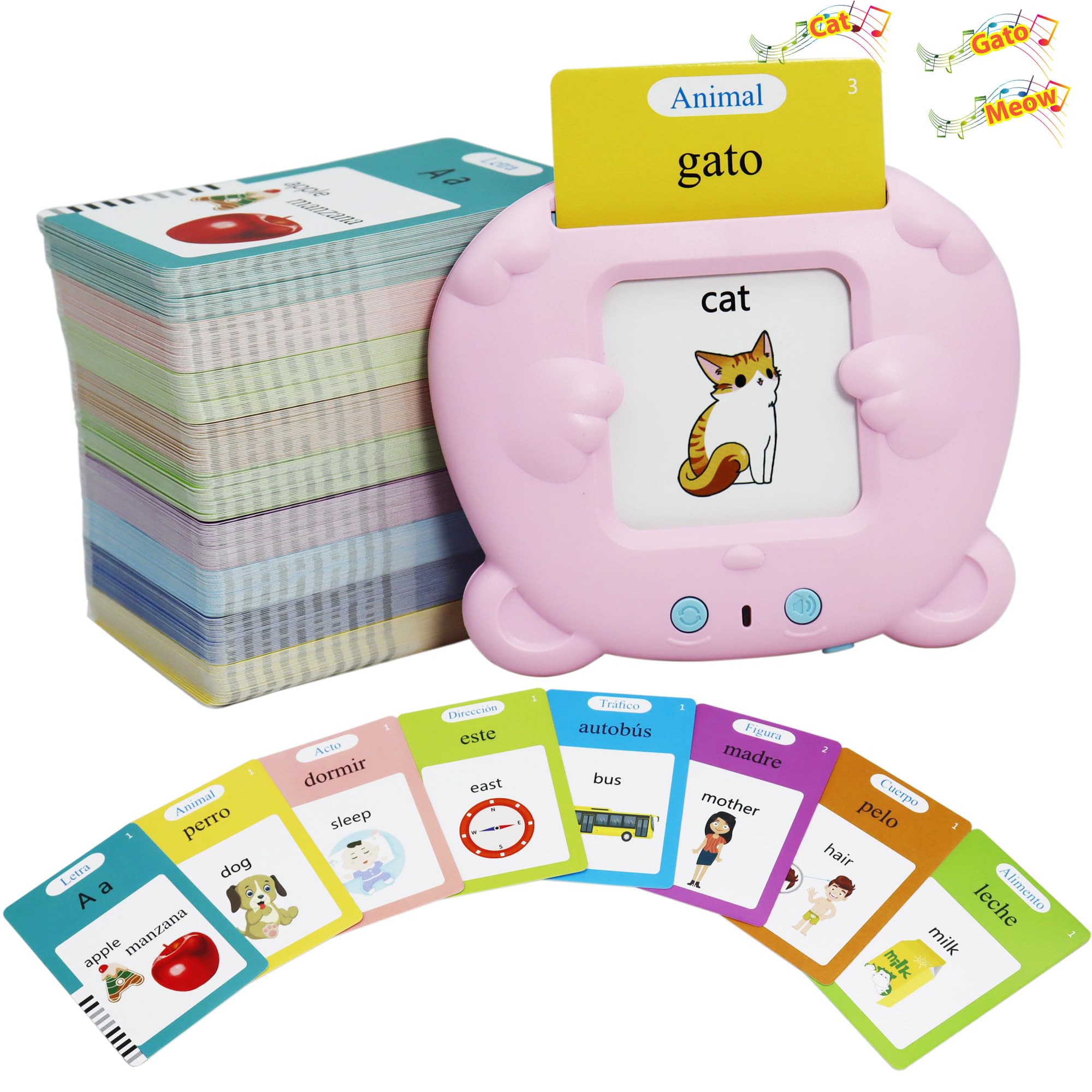 Photo 1 of Spanish & English 510 Words Alphabet Bilingual Talking Flash Cards for 3-8 Years Toddlers, Pocket Speech Buddy Therapy Autism Toys, Educational Learning Interactive Toy for Boys Girls Kids Gifts Pink