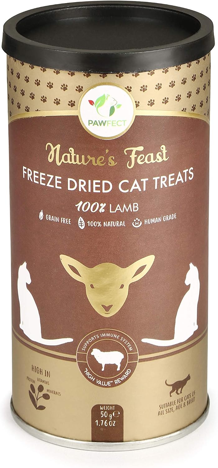 Pawfect Nature's Feast Freeze-Dried Lamb Meat Treats for Cats- All Natural- Hypoallergenic- Easily Digestible- Grain-Free- Training Treat- High Protein- Low Fat- Single Ingredient Treats (50g/1.76oz)