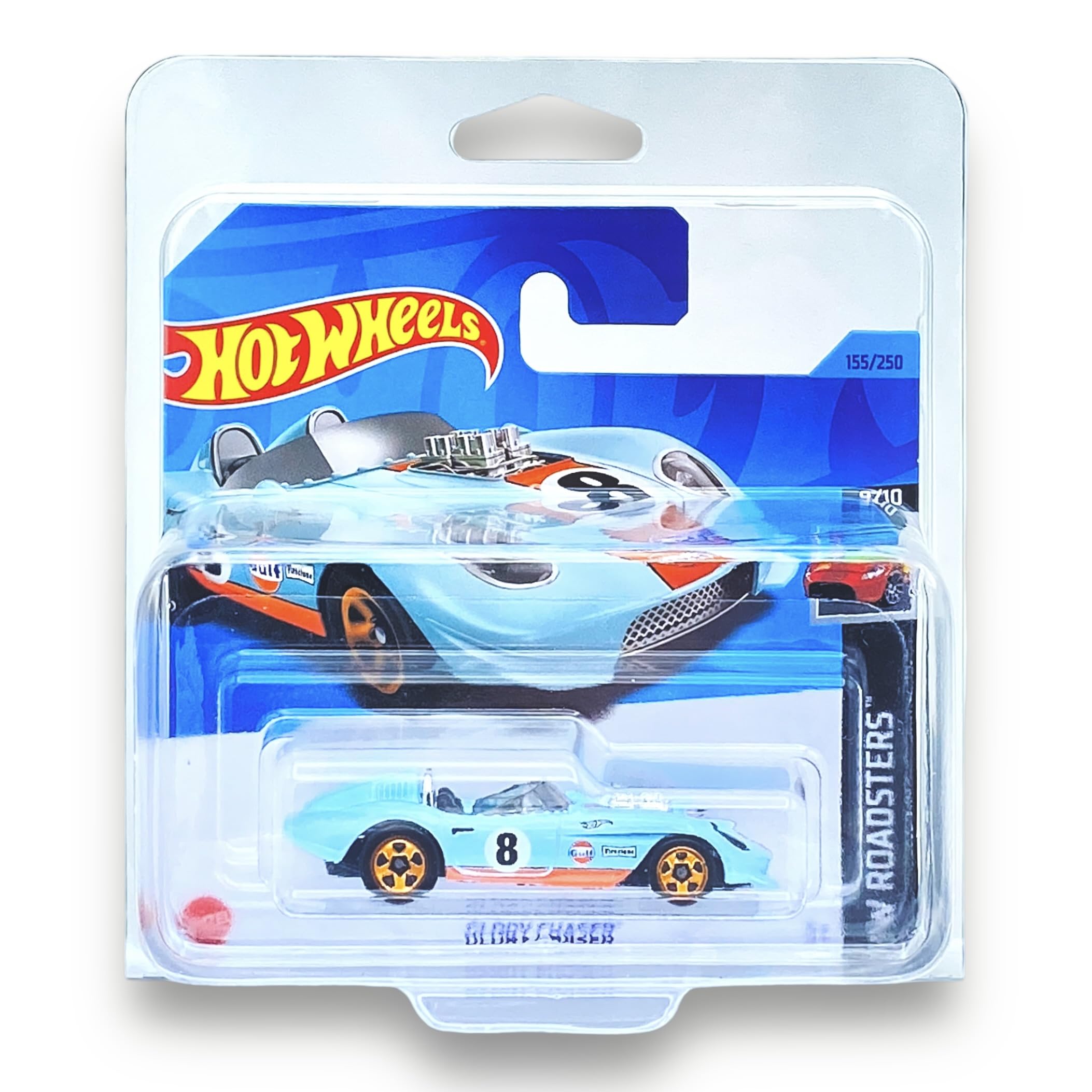 Hot Wheels Glory Chaser (Blue & Orange (GULF Oil)) - 9/10 HW Roadsters - 2023-155/250 (Short Card) - COMES IN A KLAS CAR KEEPER PROTECTIVE COLLECTORS CASE - HKH42