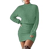 Velvelhall Women's Pullover Sweater Dress Long Lantern Sleeve Ribbed Knit Mock Neck Ruched Bodycon Casual Mini Dress 2025