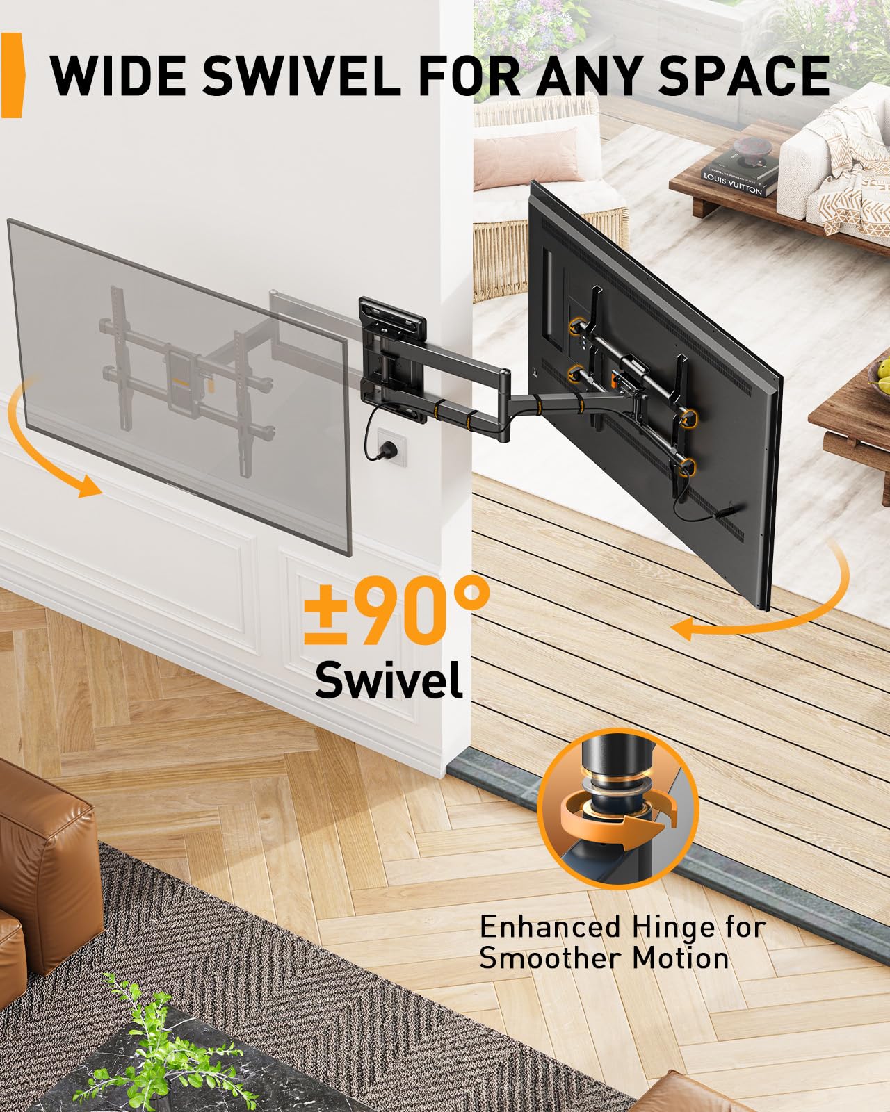 Perlegear Langarm TV Wandhalterung, Full Motion Wandhalterung Fernseher für 32-65 Zoll TVs, 60 kg Tragkraft Eck-TV Halterung mit ±90° Schwenkbarkeit und 700mm Auszug Max VESA 400x400mm, PGMF24B 3