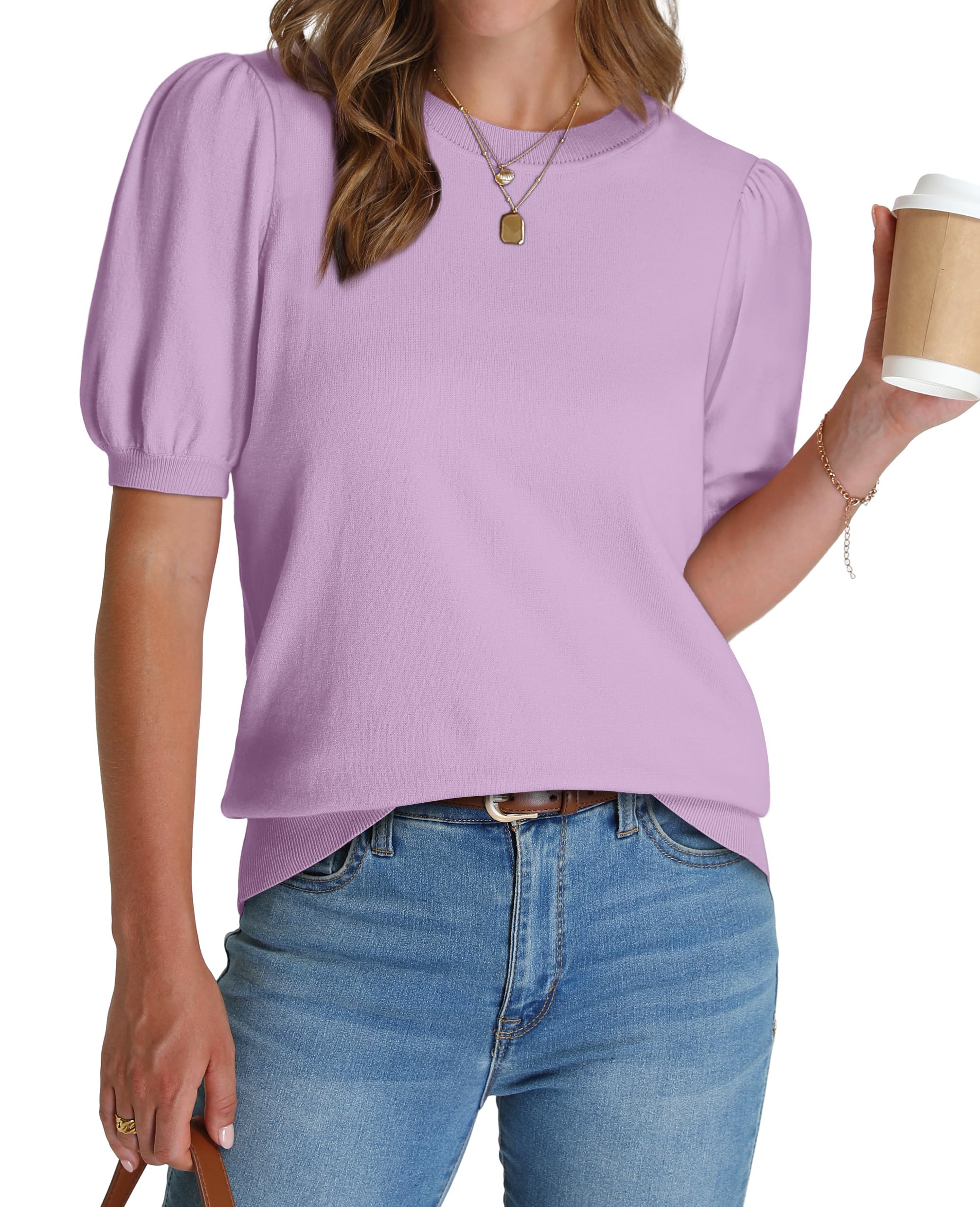 Photo 1 of Summer Tops for Women Trendy Short Sleeve Shirts for Women 2025 Lightweight Sweaters Blouses Puff Sleeve Womens Tops Dressy Casual Clothes Fall Light Purple L