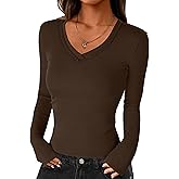 Darong Women Long Sleeve V Neck Ribbed Knit Slim Fit Shirts Basic Tee Tops 2025 Fall Casual T Shirt Blouse Outfits Clothes 9228 Coffee XL