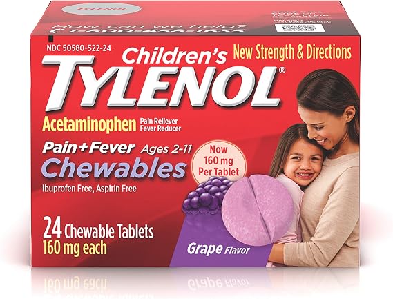 Amazon Com Children S Tylenol Chewables 160 Mg Acetaminophen For Pain Fever Relief Grape 24 Ct Health Personal Care