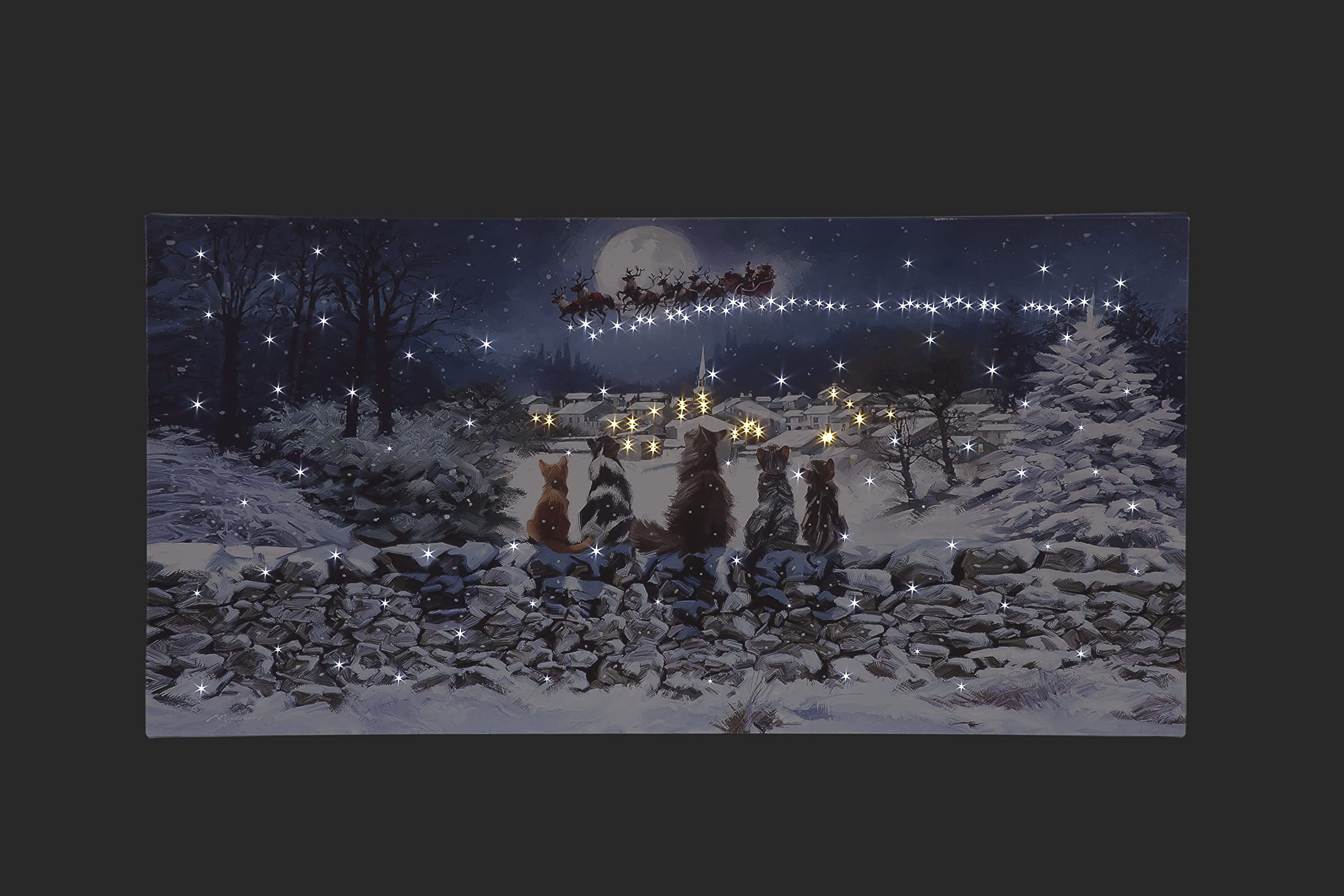 Generic LED Fibre Optic Wall Art Christmas Santa & Sleigh Flying Over a Snowy Village with Cats 60 x 30cm