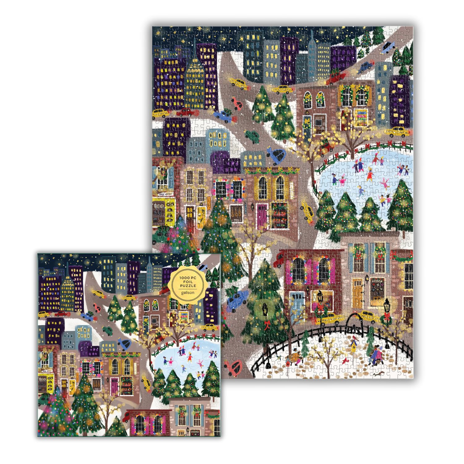 Galison Sparkling City – 1000 Piece Foil Puzzle with Illustrations of Colorful Merriments in The City with Gold Foil Accents
