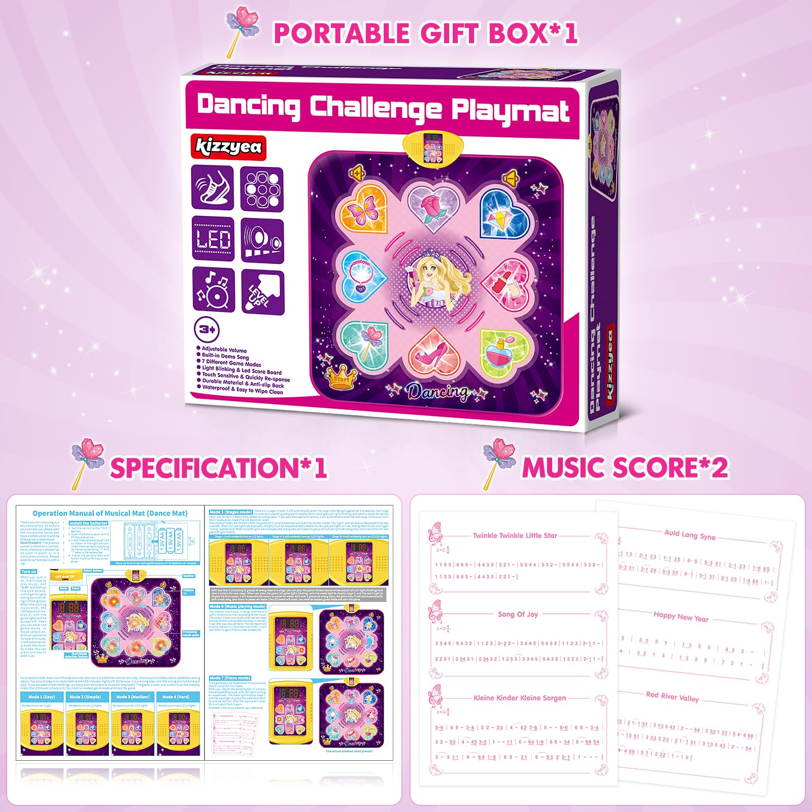 KIZZYEA Dance Mat Toys for 3, 4, 5, 6, 7, 8+ Year Old Girls, Music Dancing Pad with 7 Game Modes, LED Lights, Built-in Music, Adjustable Volume, Birthday Gifts for 3-12 Years Old Girls