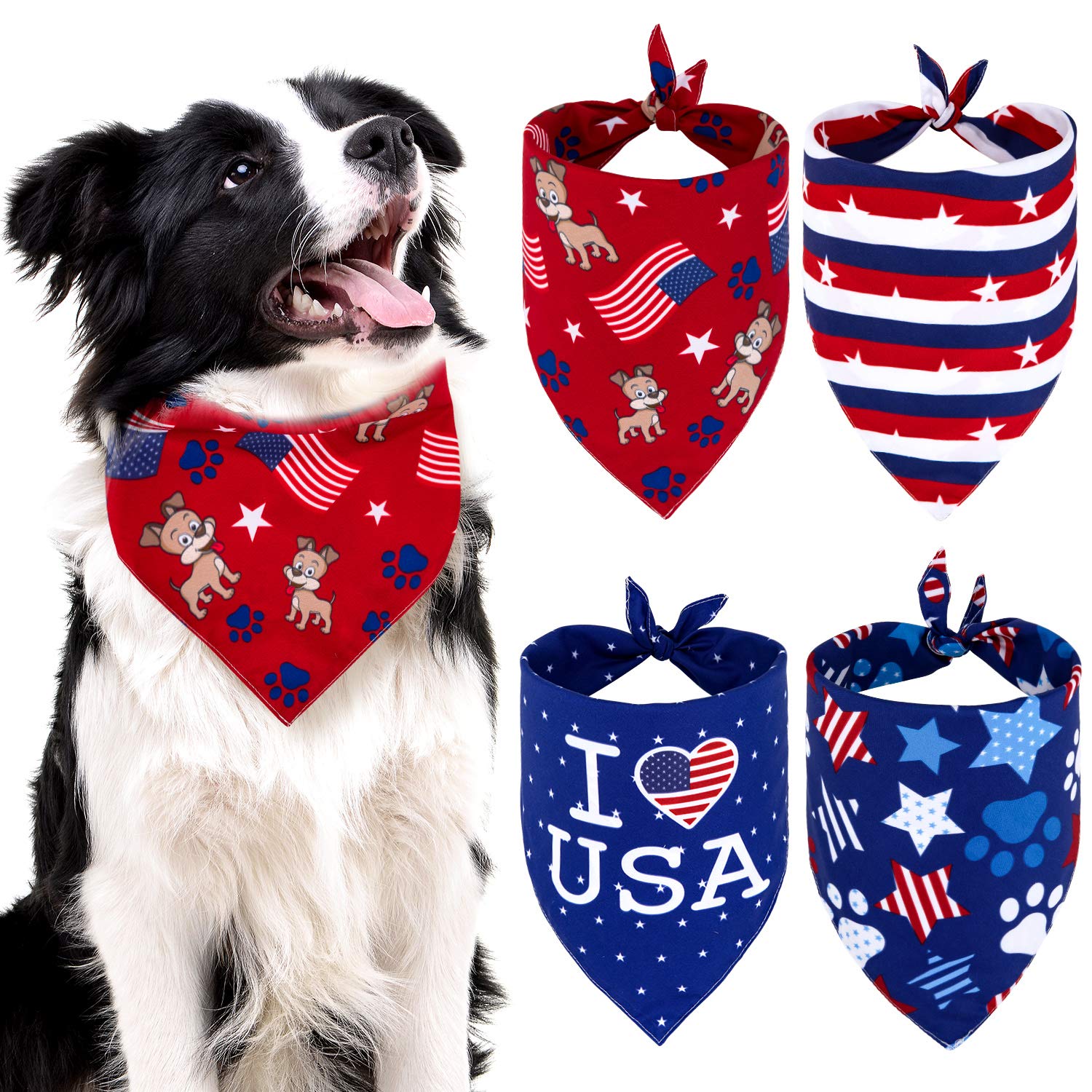 Whaline 4 Pack American Flag Dog Bandanas, Reversible Triangle Bibs Scarf for 4th of July Independence Day, USA Pet Neckerchief Suitable for Dogs, Cats, Pets, Festival Accessories