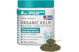 CHEW + HEAL LABS Kelp Supplement for Dogs – Natural Seaweed Powder for Thyroid Function, Dental Health, Immune Support, Skin & Coat – Iodine-Rich 4 oz Meal Topper with 5cc Spoon – Made in USA