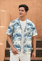Mens Hawaiian Shirts Cotton Short Sleeve Button
