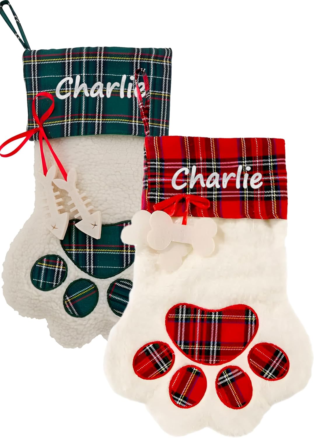 Stockings & Holders - Personalized Dog Cat Paw Christmas Embroidered Stocking with Custom Pet Name | White Faux Sherpa with Red Green Plaid Cuff and Dog Fish Bone Accents - 1 Pack