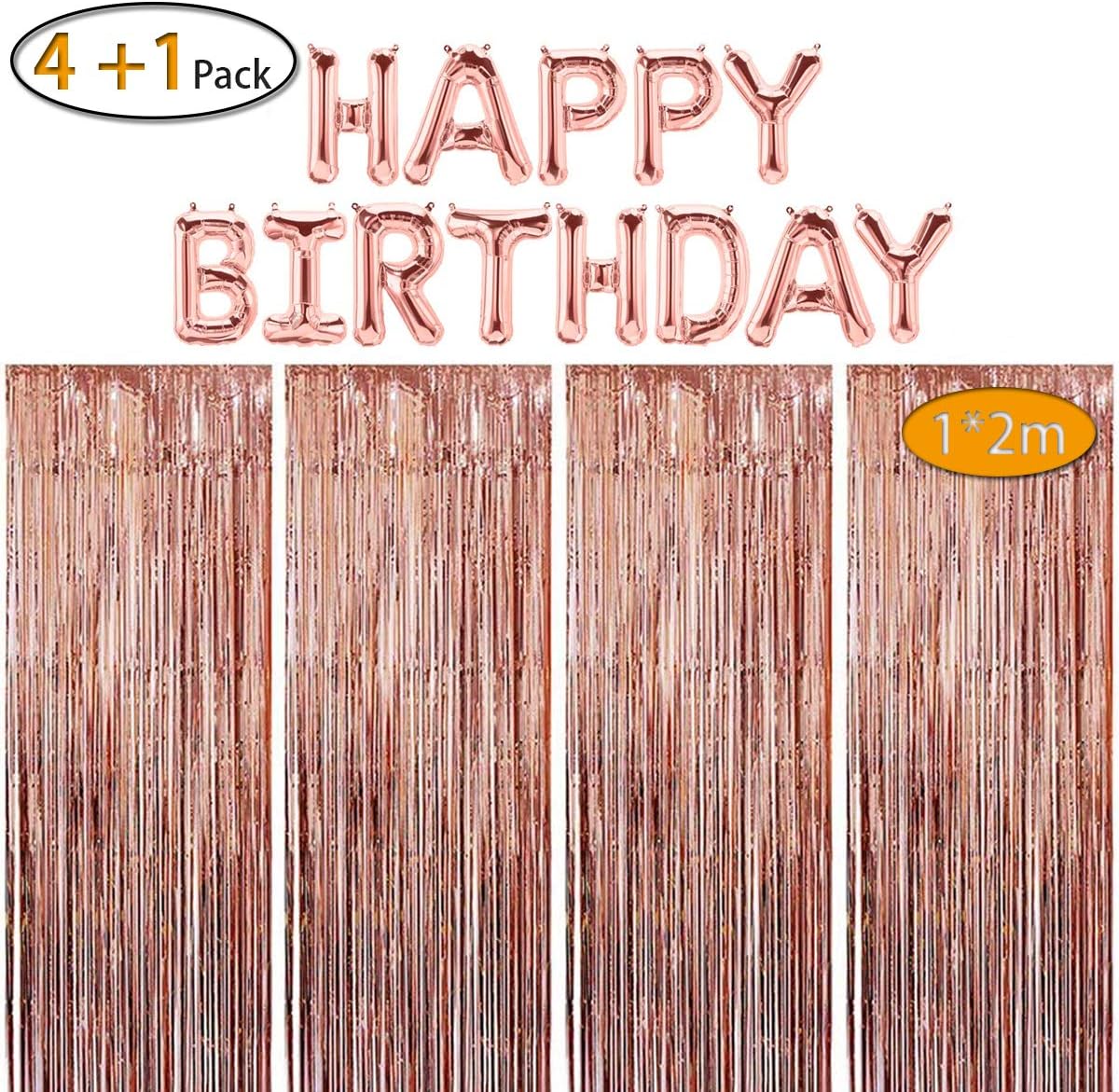 4 Pack Foil Backdrop Fringe Curtains + Happy Birthday Banner Letters