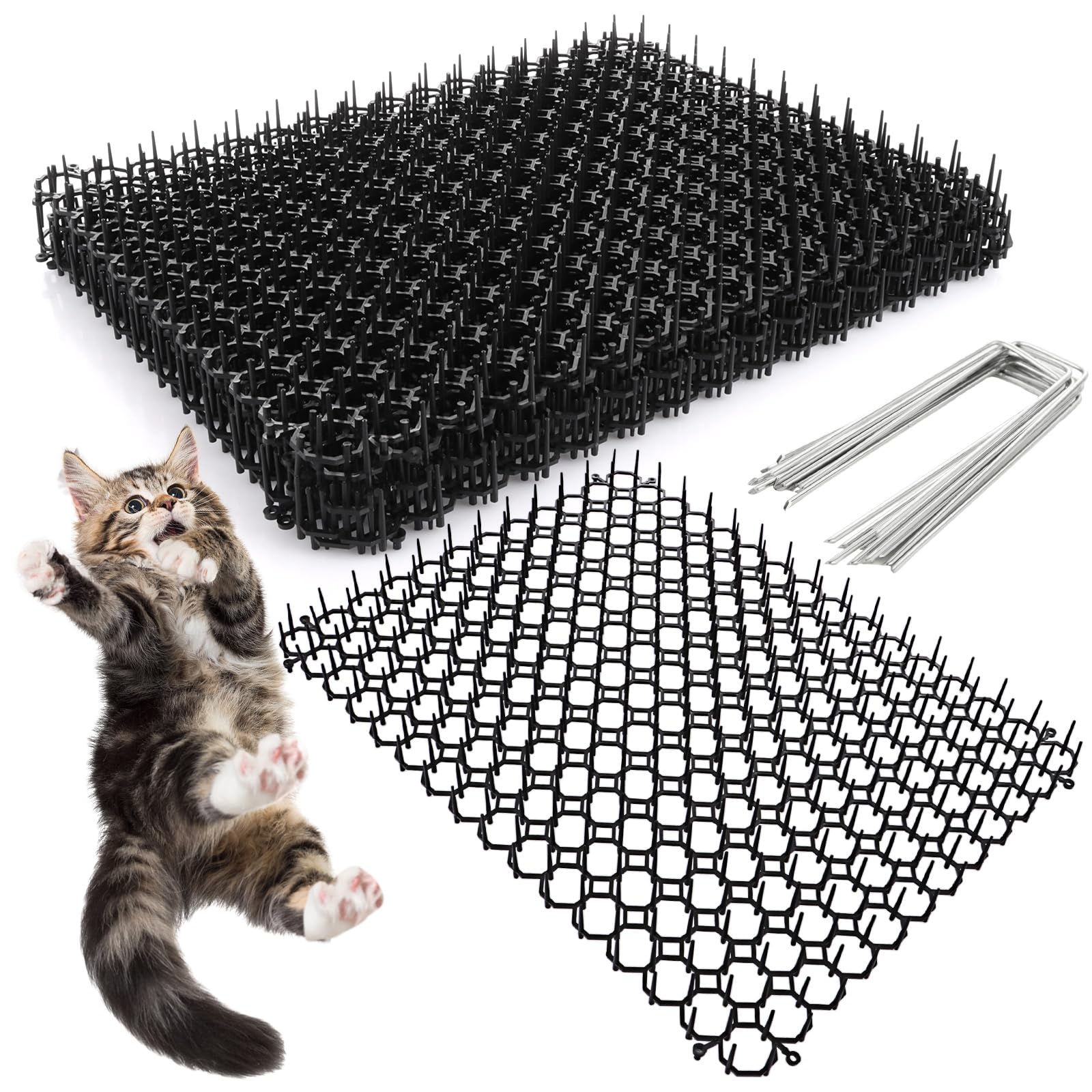AHAQU 12PCS Cat Scat Mat with Spikes, 40x30cm Plastic Anti Cat Spikes, Prickle Strip Dig Stopper, Dog Fox Cat Deterrent Mat with Spikes, Cat Repellent Mat for Garden, Fence