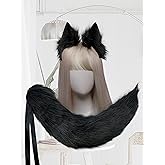CoFoWo Handmade Black Wolf Ears and Tail Set,Cat Fox Animal Tail and Ears set, Halloween Christmas Fancy Party Furry Cosplay Costume, Funny Gifts