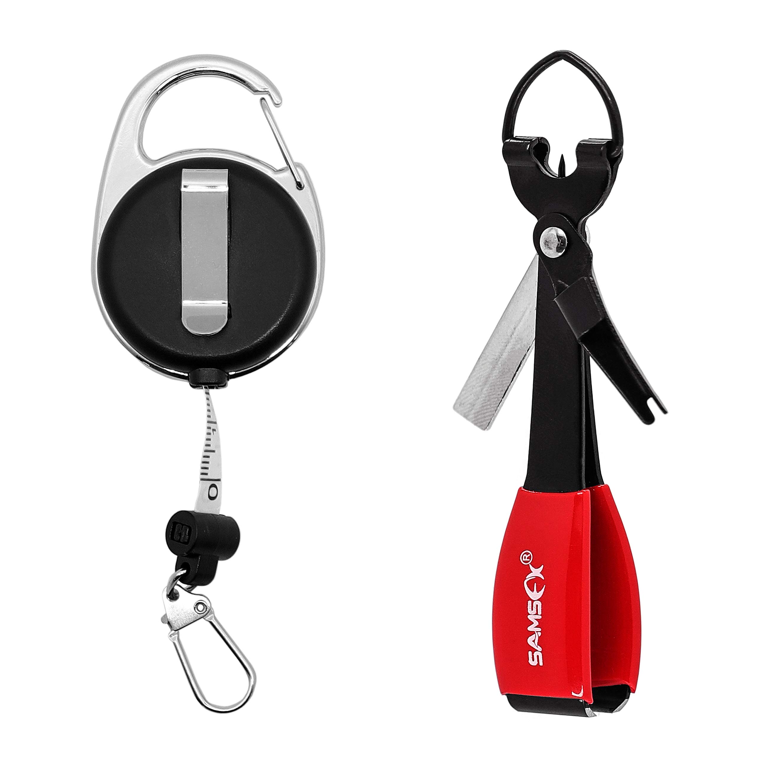 SAMSFX Fishing Quick Knot Tying Tool 3.7" Large Size 4 in 1 Mono Line Clipper with Measuring Tape Zinger Retractor Combo (Tape Zinger & Black Knot Tool)