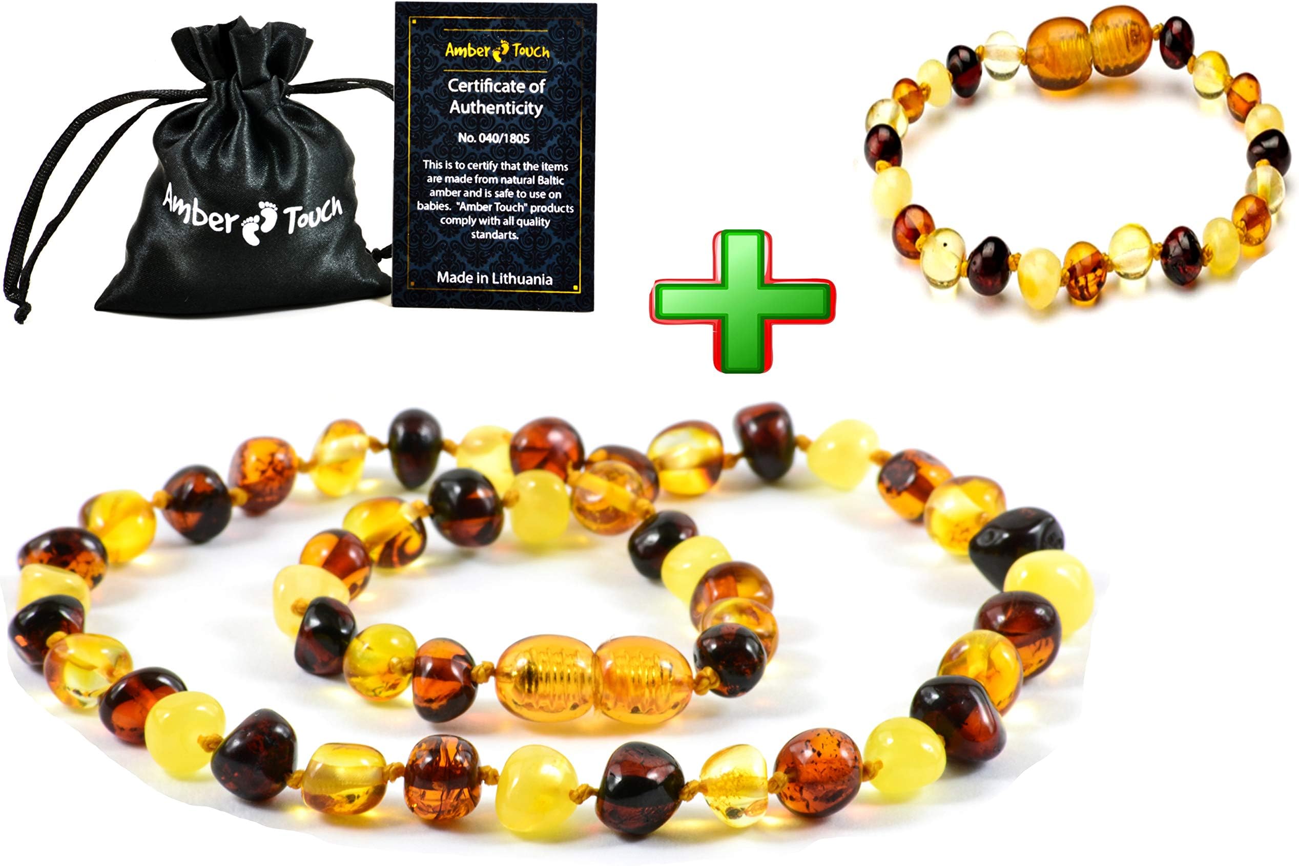 Amber Necklace + Bracelet (Unisex) - Anti inFlammatory, Pain Reduce Properties - Certificated Natural Baltic Amber, Highest Quality (13inch. and 5.5inch.) (Mix)