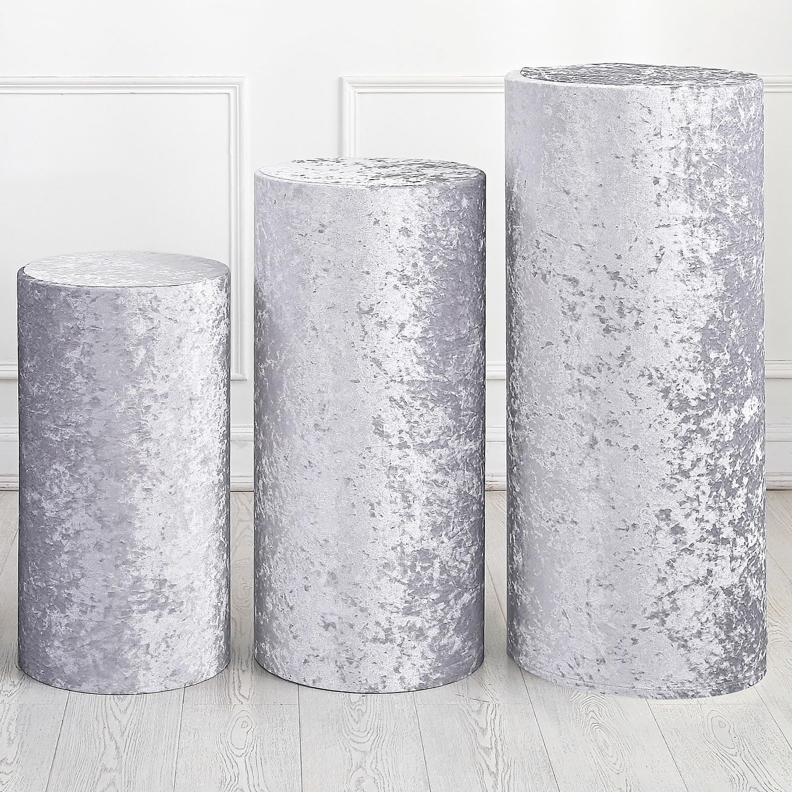 Photo 1 of uxcell Set of 3 Silver Tone Cylinder Spandex Stand Covers, Plinth Stand Cover for Party Wedding Birthday Decoration, Only Contains Cylinder Covers (Velvet Fabric - Large)