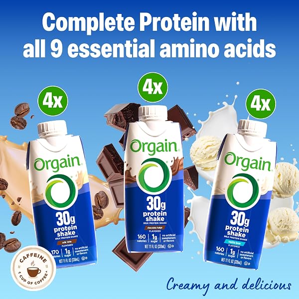 ORGAIN 30G HIGH PROTEIN SHAKE VARIETY PACK, DAIRY ISOLATE MILK PROTEIN, 5G BCAAS, 1G SUGAR PER SERVING, CAFFEINE, MEAL REPLACEMENT, READY TO DRINK, CHOCOLATE, VANILLA, CAFÉ LATTE, 11 FL OZ (12 PACK)