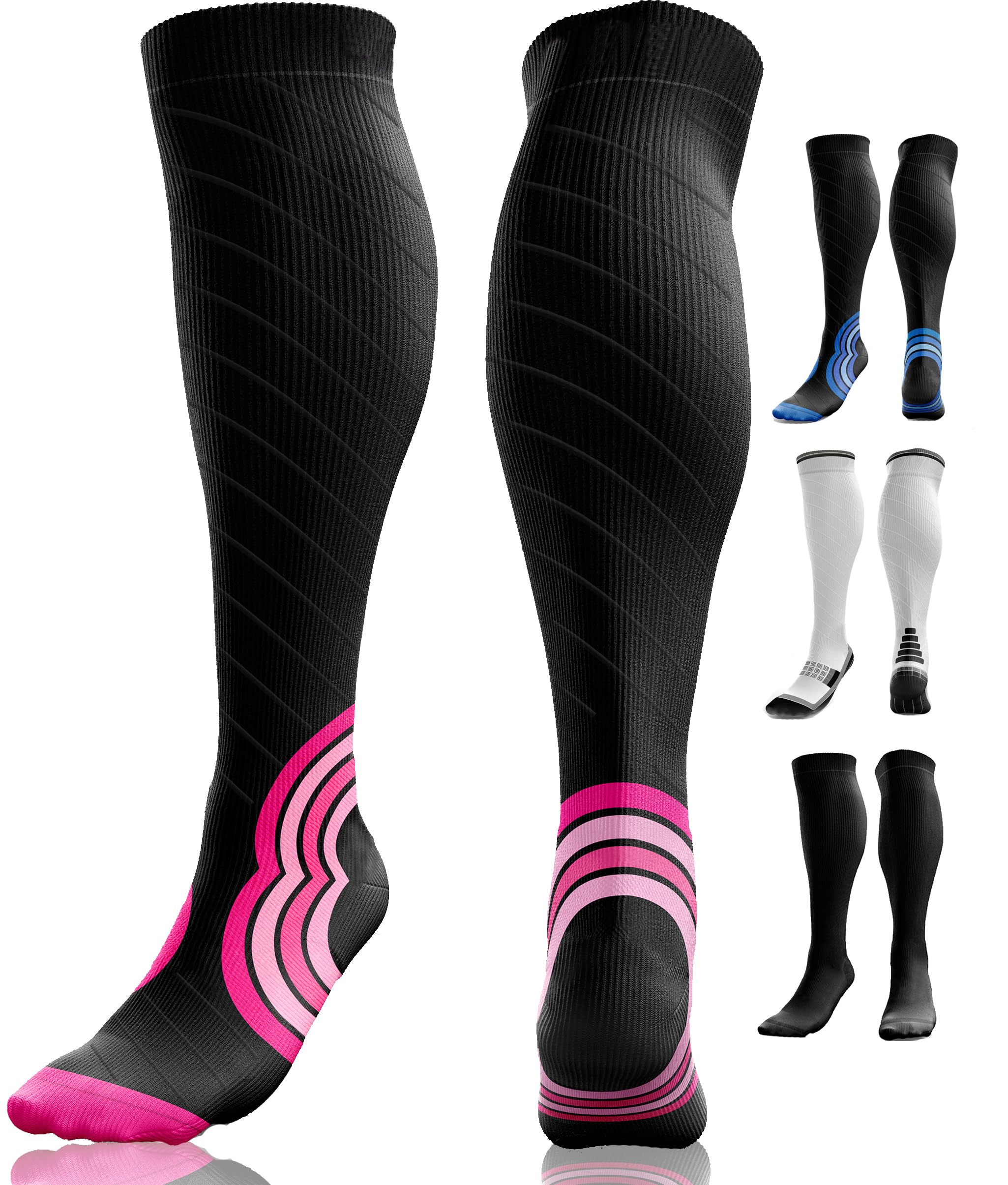 Compression Socks for Women & Men (20-30 mmHg) Knee-High Flight Socks, Graduated Ankle and Calf Support for Travel, Running - Seamless Toe, Padded Heel and Sole (Black w Pink L/XL)