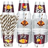 Jingmore 60 Set 12 oz Thanksgiving Turkey Plastic Cups Disposable Clear Cups with Lids Paper Straws and Straw Cover for Thanksgiving Party Supply Beer Beverage Snack Coffee Drink Ice Cream