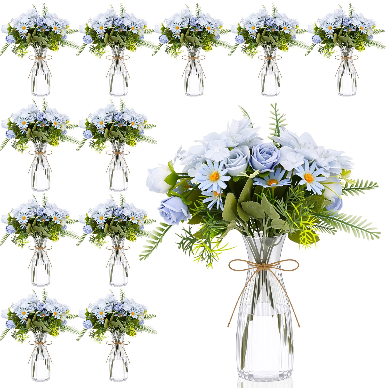 Photo 1 of **INCOMPLETE** Reallnaive Artificial Flowers Table Centerpieces Decorations with Vase Wedding Mason Jar 20 Bundles Silk Floral Bouquet 10 Clear Vase with 1 Pcs Rope for Party Decor(Dahlia,Blue)