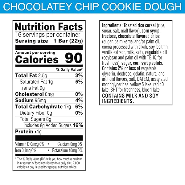RICE KRISPIES TREATS MARSHMALLOW SNACK BARS, LUNCH SNACKS, CHOCOLATEY CHIP COOKIE DOUGH, 12.4OZ BOX (16 COUNT)