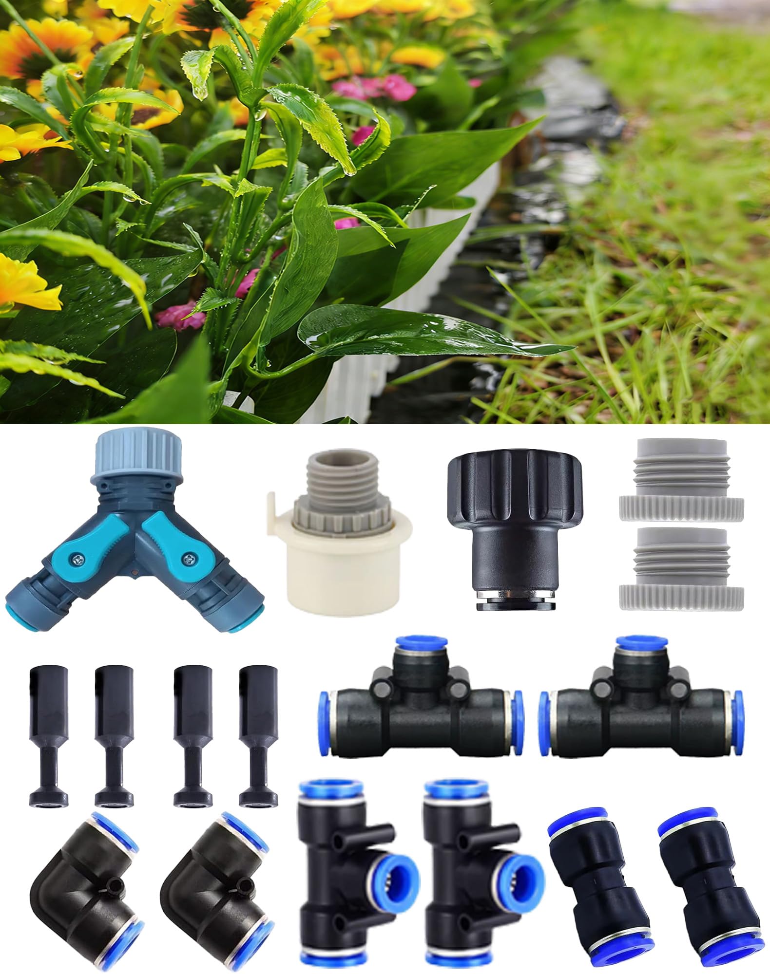 Photo 1 of 17-Piece Drip Irrigation Fitting Kit with Y-Splitter,Universal Connector & Quick Connector, Includes Elbows, Tees, Stoppers,Easy DIY Garden Watering System (17-Piece Drip Irrigation Fitting Kit)