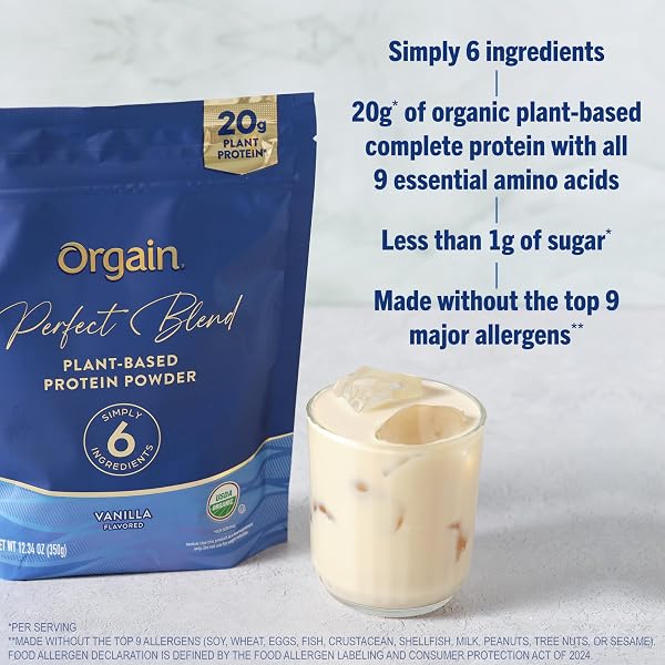 ORGAIN ORGANIC VEGAN PERFECT BLEND PROTEIN POWDER, 20G CLEAN PLANT PROTEIN, 6 INGREDIENTS, <1G SUGAR, GLUTEN FREE, NON-GMO; NO ARTIFICIAL FLAVORS, STEVIA EXTRACT, DAIRY OR SOY INGREDIENTS- VANILLA