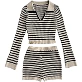 OYOANGLE Women's Striped Rib Knit Outfit Flare Sleeve Sweater Skinny Mini Shorts Knitwear Matching Sets