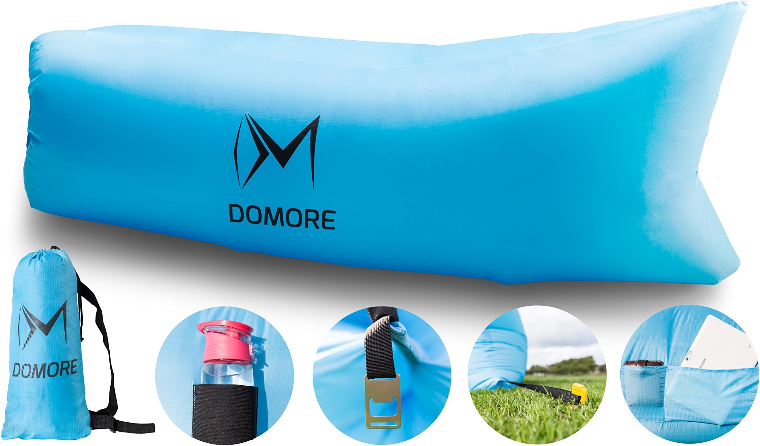Air lounger by DOMORE -the perfect alternative to a sleeping bag, bean bag or hammock-durable ,lightweight, waterproof ,tear resistant , compact . Inflatable sofa with carrying bag ,two side pockets , cup holder ,bottle opener , safety loop and stake is perfect for hiking ,camping ,travel or relaxing in the park , beach , pool , backyard . Great for Outdoor or Indoor use .