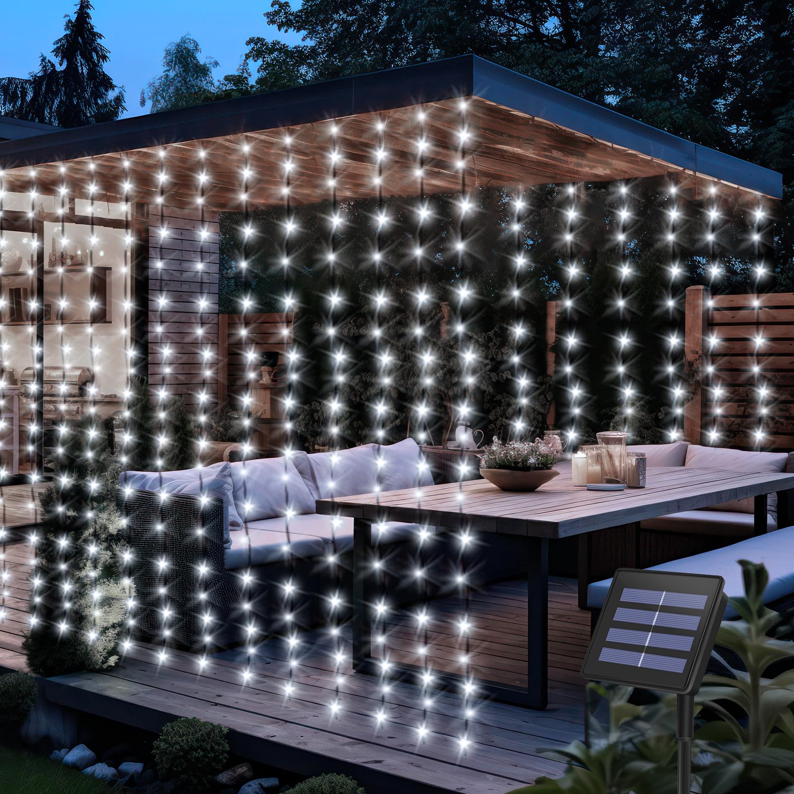 CCILAND Solar Powered Curtain Lights, 2M x 2M 200 LED Curtain Lights 8 Modes Waterproof Green Wire Fairy String Lights for Patio Wedding Home Garden Window Decoration - Cool White