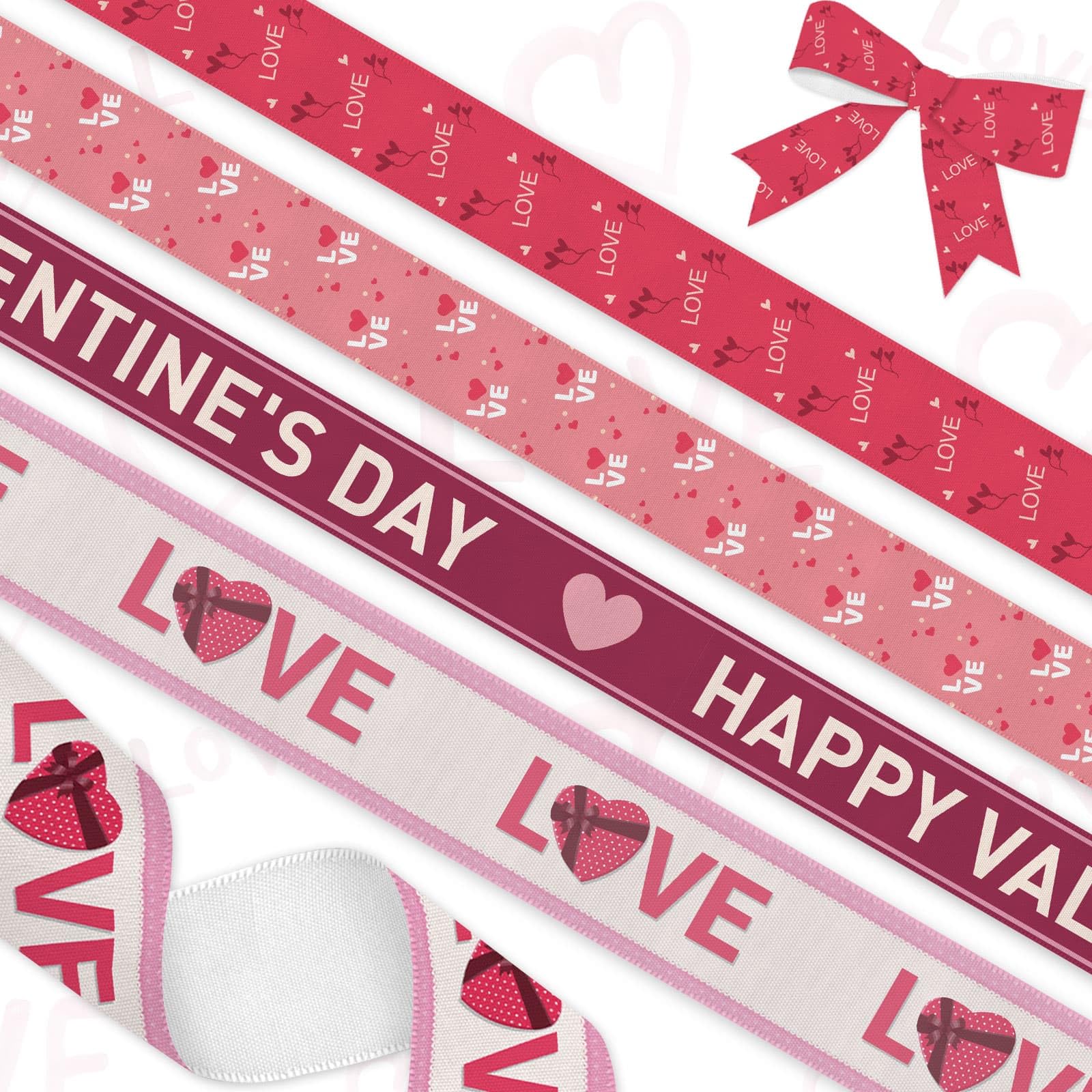 Photo 1 of 4 Rolls Valentine's Day Ribbon Set, Heart Pattern Ribbons for Wedding Gift Wrapping & DIY Crafts, 1x 1.5 (38mm) & 3X 0.78 (20mm) Rolls 5 Yards Each