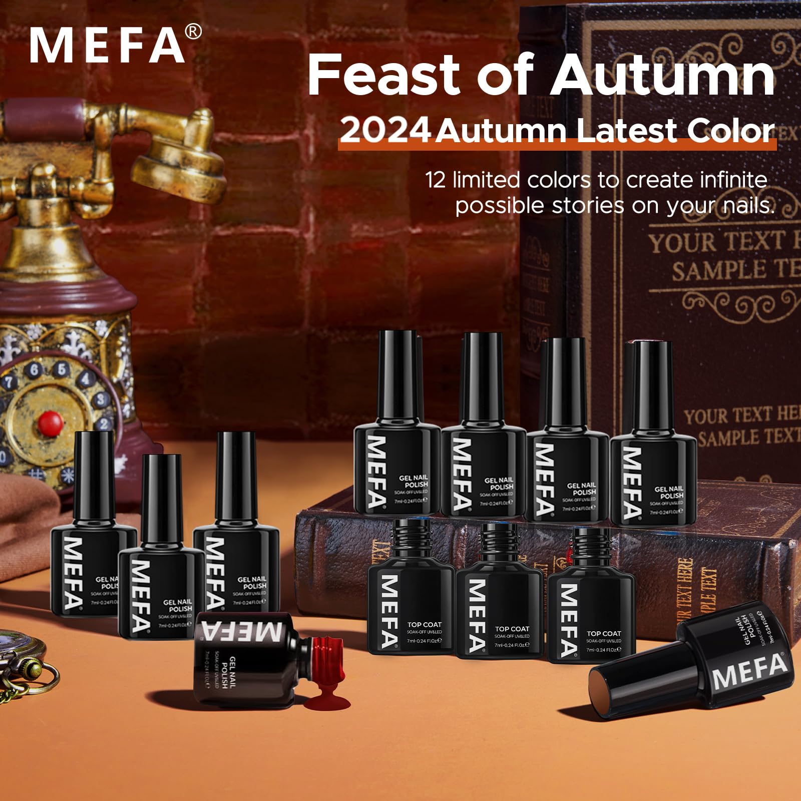 MEFA Gel Nail Polish Set, 12 Color Red Brown Gold Glitter Nail Polish Kit Soak Off Pumpkin Bronze Nail Art Decorations DIY Home Salon Design Manicure Gifts for Women Girls - Image 7