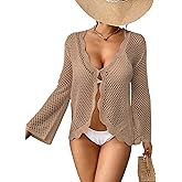 BreathSunny Womens Crochet Knit Loose Fit Beach Coverup Summer 2025 Open Front Ruffle Bathing Suit Cover Up Cropped Cardigan
