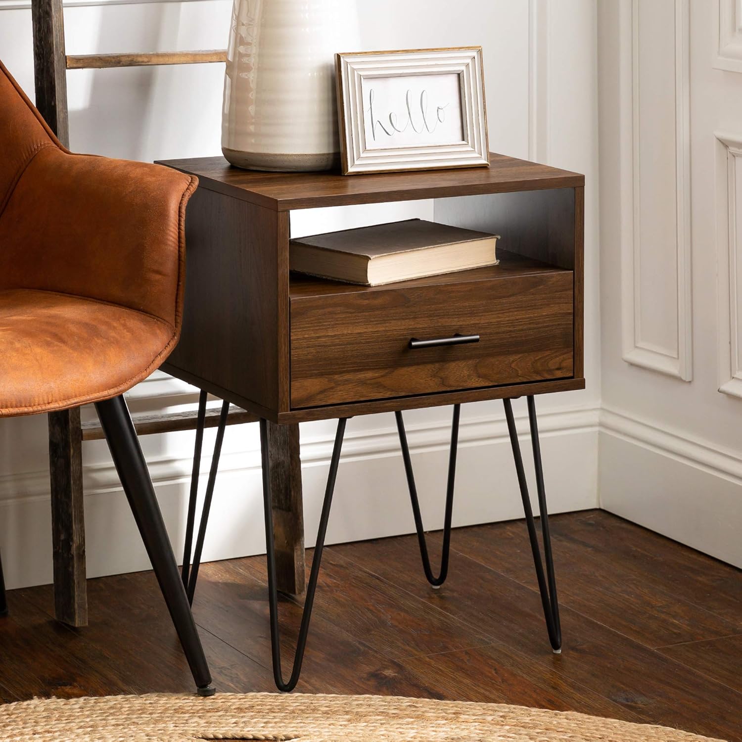 18" Modern Single Drawer Hairpin Leg Side Table Dark Walnut Kitchen & Dining