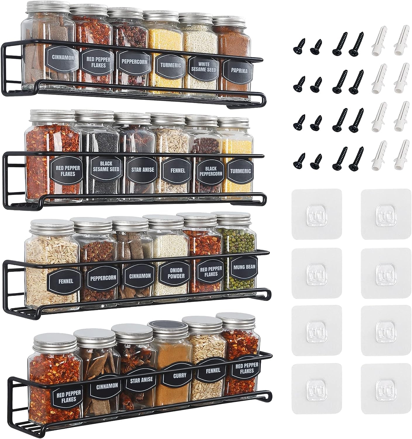 Estefanlo Spice Rack Wall Mounted, 4 Pack Spice Rack for Inside Cupboard, Adhesive Spice Organiser Kitchen Cupboard Organiser (4)