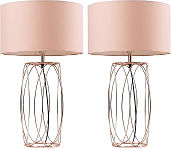 Pair Of Modern Large Polished Copper Wire Table Lamps With A Pink Drum Shade Complete With 6w Led Bulbs 3000k Warm White Amazon Co Uk Lighting