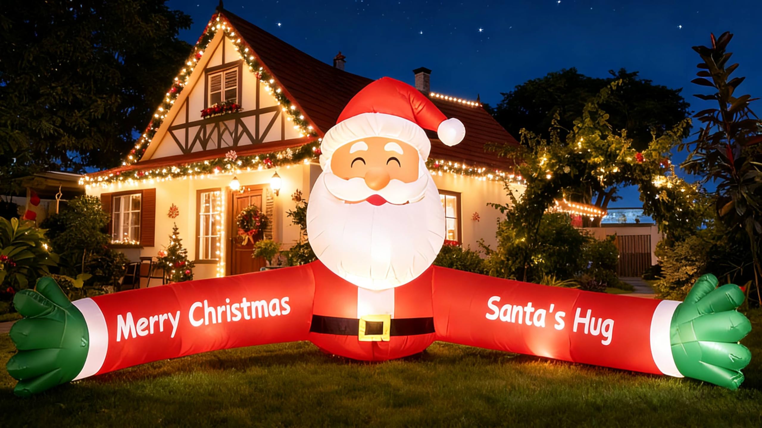 Photo 1 of 10 FT Christmas Inflatables Decorations - Big Hug Santa Claus with Built-in LED Lights Tethers Stakes, Giant Blow Up Santa Claus Christmas Decorations Outdoor for Yard Lawn Garden Xmas Decor Home