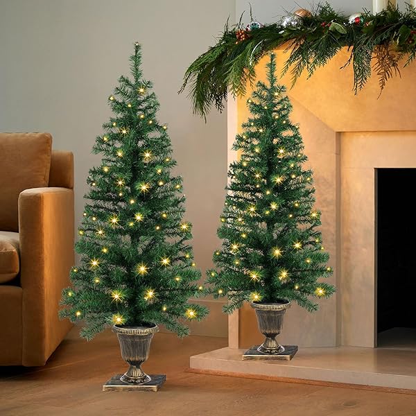 SET OF 2 CHRISTMAS TREES WITH LIGHTS 4-FT ARTIFICIAL URN POTTED PORCH CHRISTMAS TREE BATTERY POWERED WITH 8 MODES AND TIMER FOR INDOOR OUTDOOR