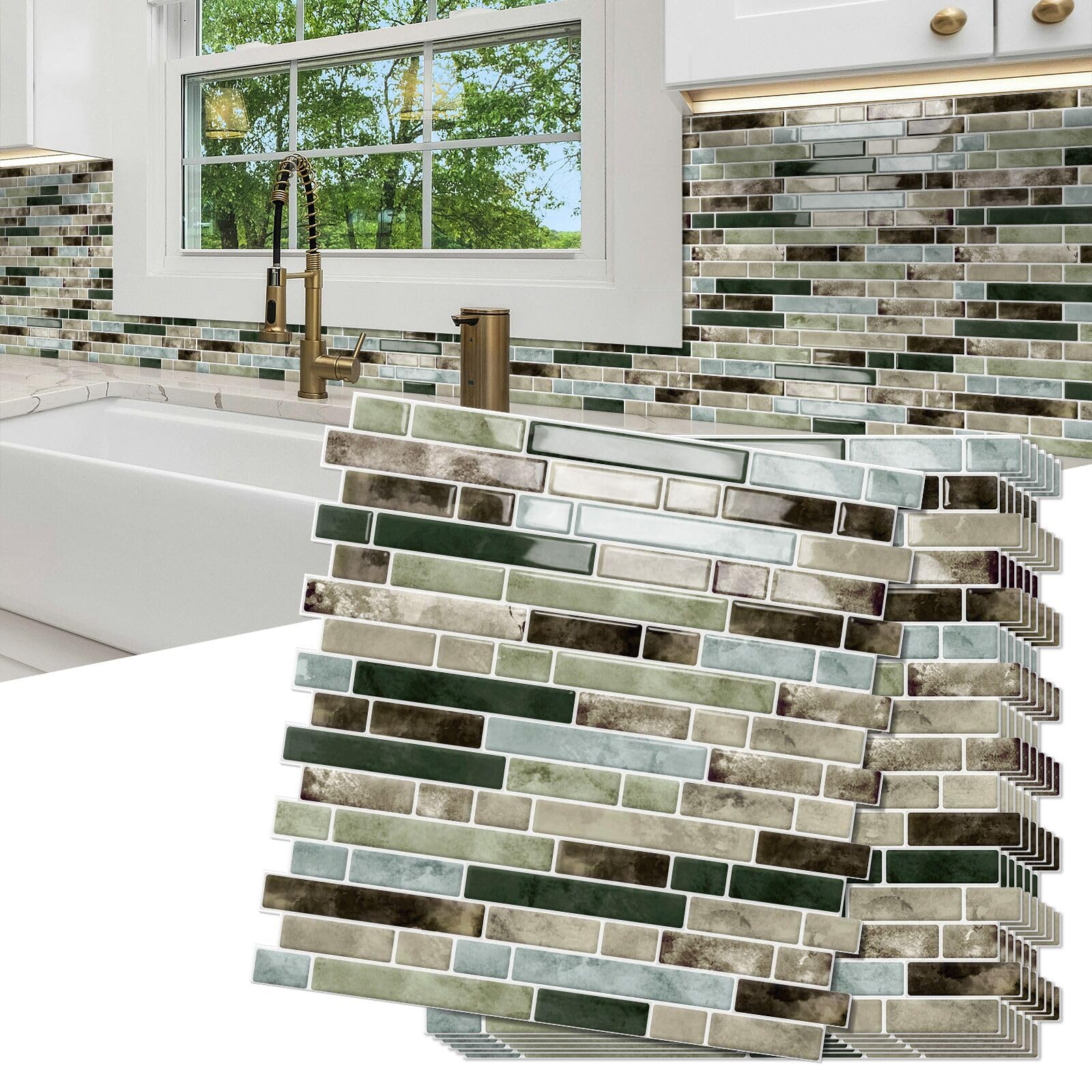 Photo 1 of 10 Sheet Thick Peel and Stick Kitchen Backsplash Tiles,3D Waterproof Self Adhesive Wall Tile Stick on Backsplash for Kitchen,Bathroom and Fireplace(Mixed Green,12"×12")