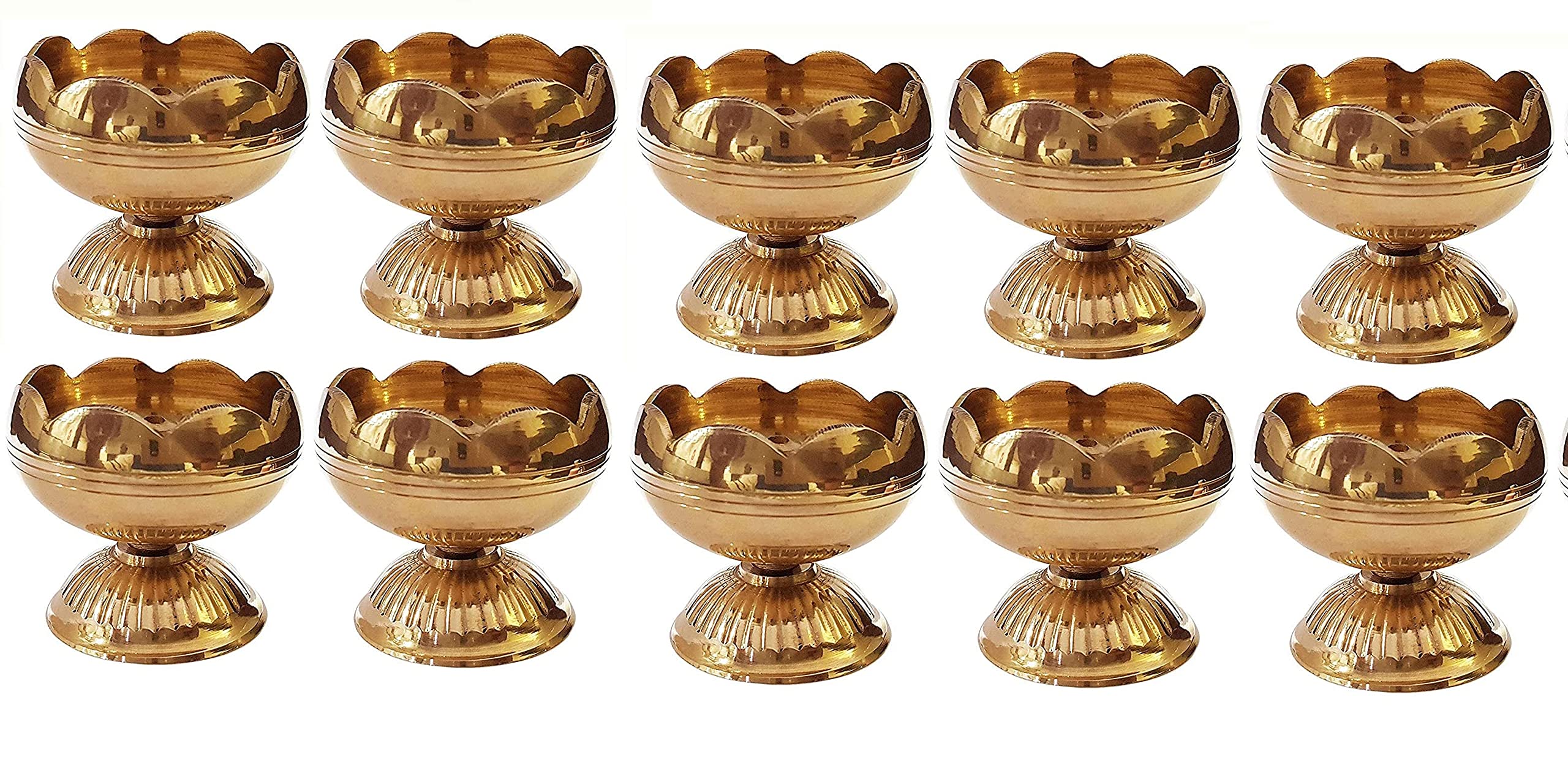 SATVIK 10 Pc Brass Diya for Diwali Decoration. Handmade Golden Virgin Brass Metal Oil Lamp Dia Kutthu Vilakku for Puja Pooja. Traditional Indian Deep Deepawali Housewarming Return Gift Items Bulk