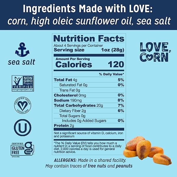 LOVE CORN SEA SALT | DELICIOUS CRUNCHY CORN NATURAL SNACK | 4 OUNCE X 1 BAG | NON-GMO, LOW-SUGAR, GLUTEN-FREE, PLANT BASED, VEGAN, LOW SUGAR
