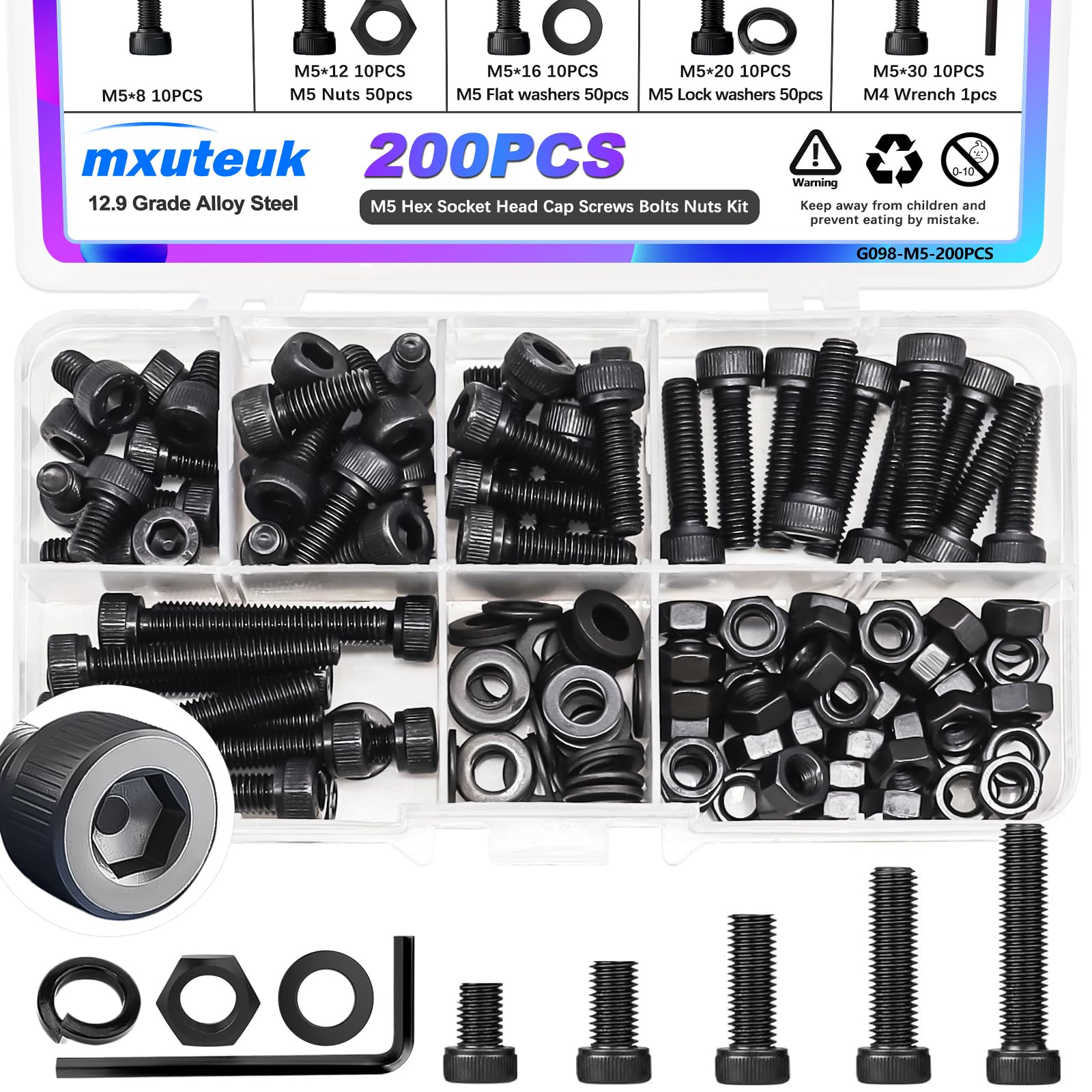 2285-Piece Metric Screw Assortment Kit - M2 M3 M4 M5, Hex Socket Head, 10.9/12.9 Grade Steel