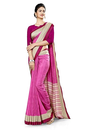 Uniform Sarees Corp Womens Plain Border Polycotton CotFeel Factory Uniform Saree With Blouse (Pink;Wine)
