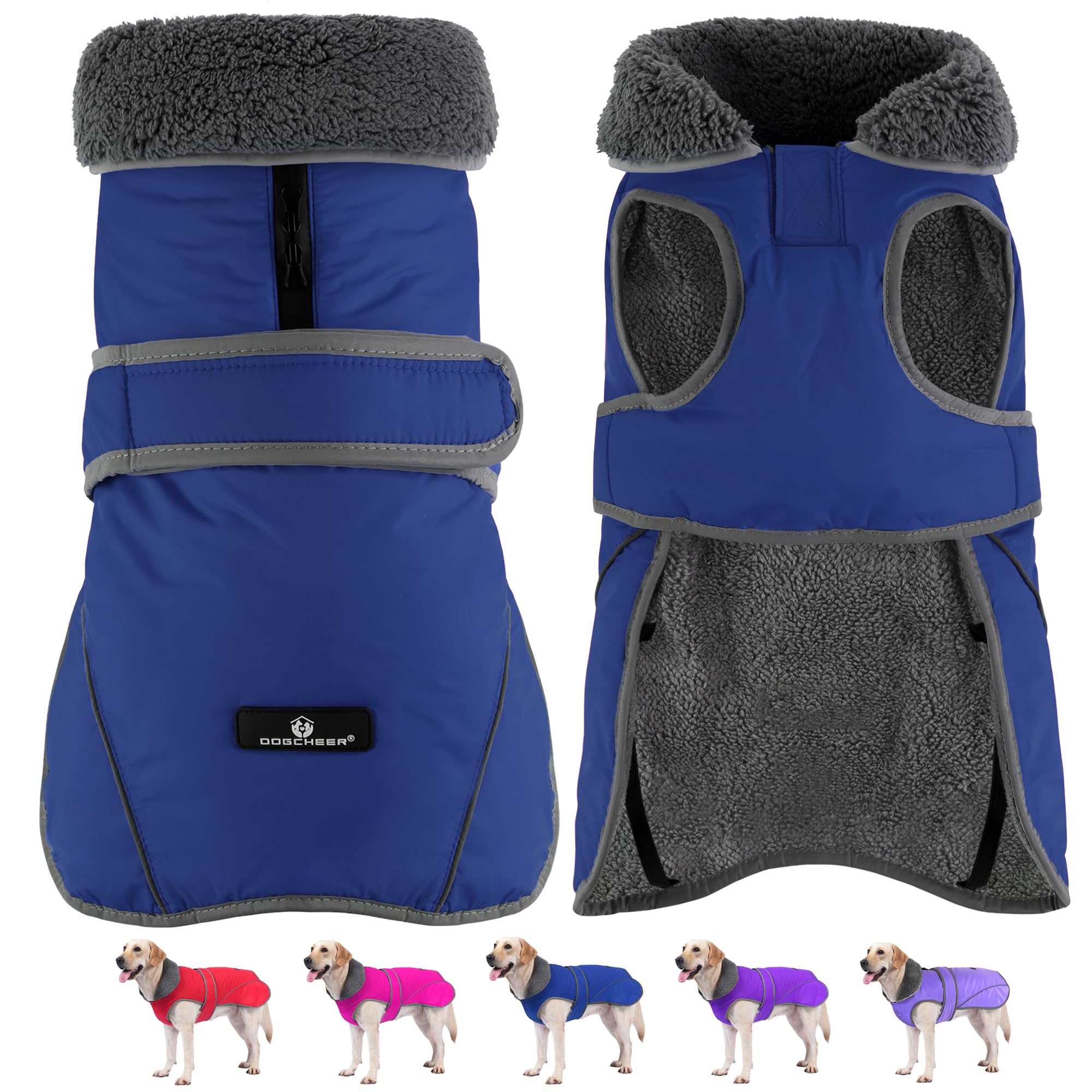 Dogcheer Dog Coat, Waterproof Dog Jacket Reflective Pet Winter Coat with Adjustable Hook & Loop, Christmas Puppy Fleece Jacket Warm Turtleneck Snowsuit for Small Medium Large Dogs - Blue, 2XL Image