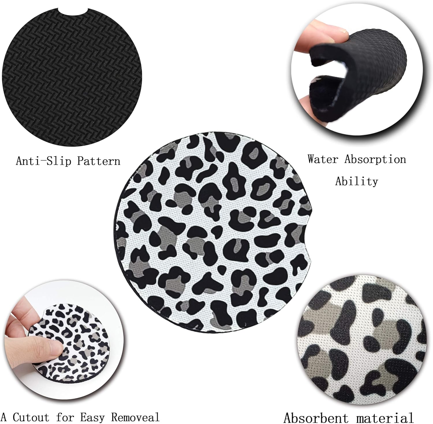 Car Coasters for Drinks Absorbent, Cute Car Coasters for Women, ar Cup Holder Coasters for Your Car with Fingertip Grip, Auto Accessories for Women & Lady,Pack of 2 (Snow Leopard): Automotive