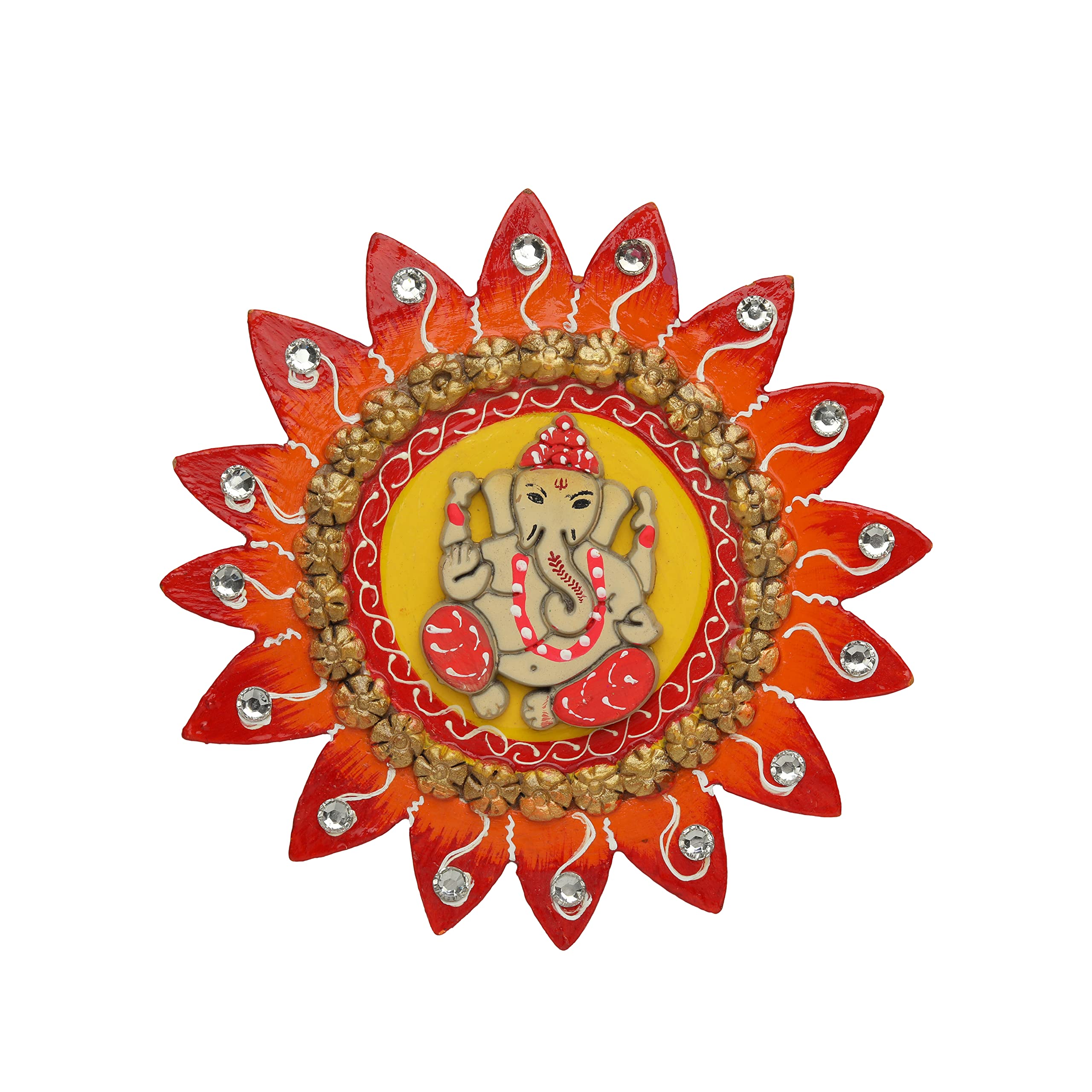 Colorful Ganesha Wall Hanging Wooden Ganesh with Sun Statue Sculpture Idol Indian wall Décor Antique Ganpati Under Sun Statue for Home Entrance temple décor and gifting Puja Decorations (Size :- 5")