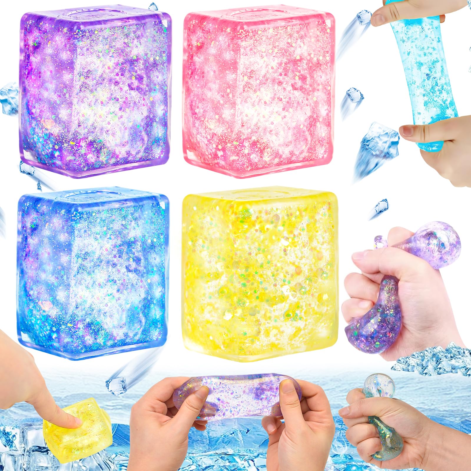 4 Pack Stress Balls for Adults, Sensory Cube Squishy Fidget Toys for Autism, Anxiety Stress Relief Toys for Kids Christmas Party Bag Fillers (A)